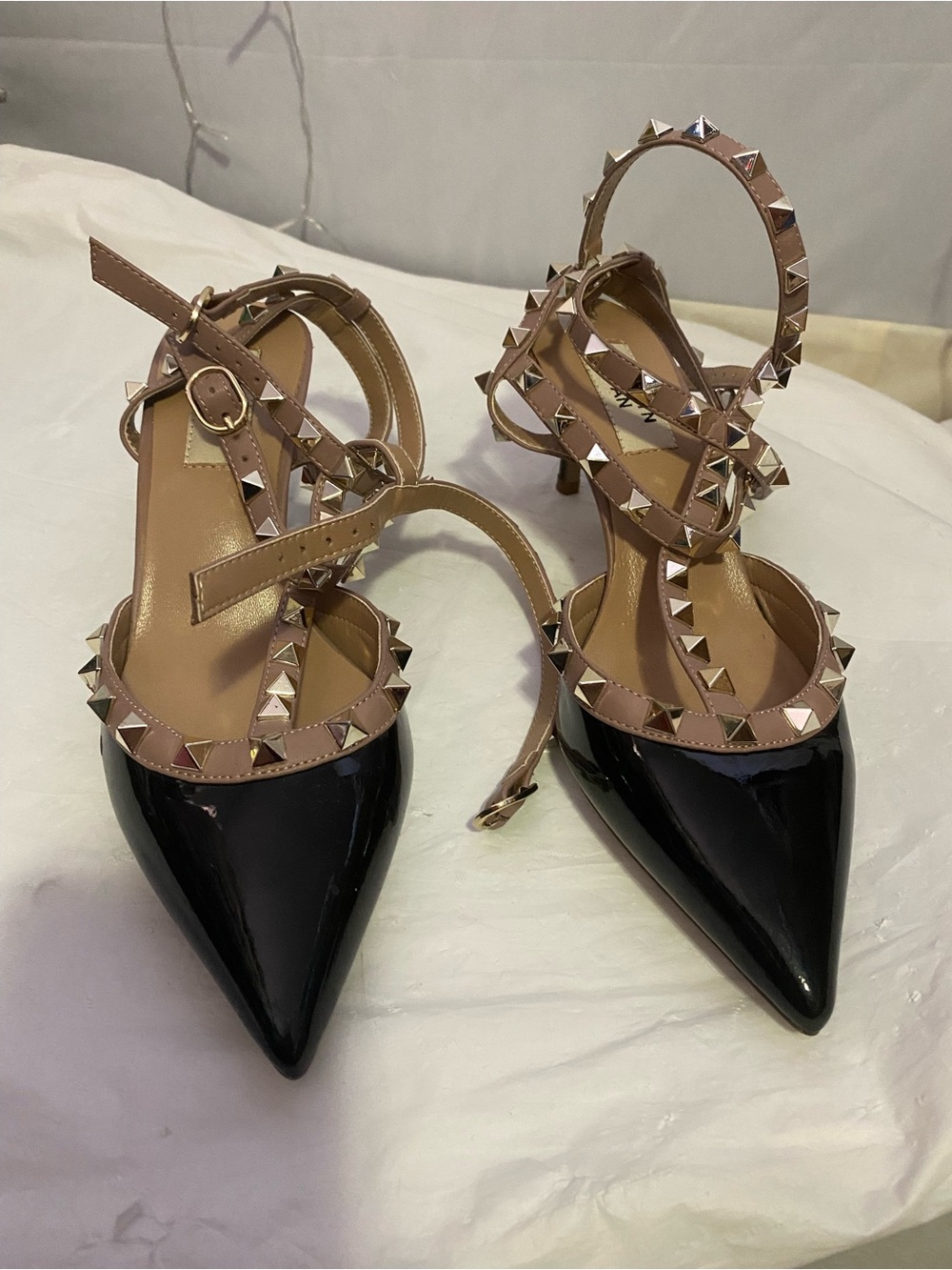 Kaitlyn Black Patent Pointed-Toe Studded Slingback Heels with Nude Straps
